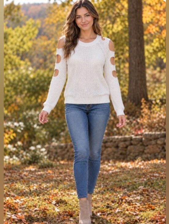 Ambiance Sweaters - Ambiance Cream Cold-Shoulder Scoop Neck Sweater